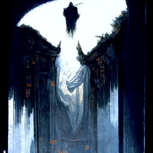 Angel with arched wings praying at a dark altar