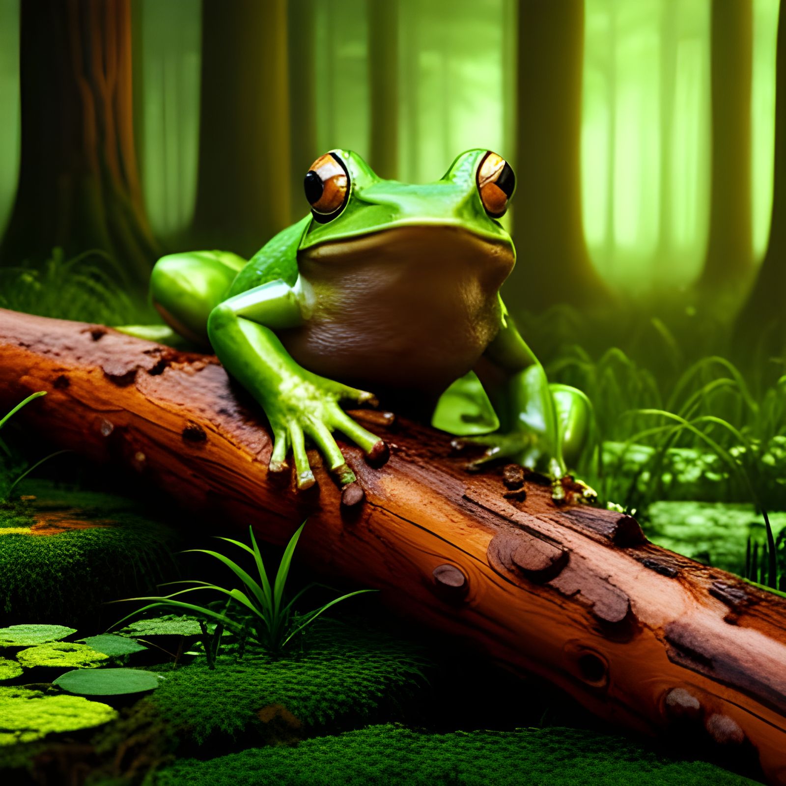 beautiful magnificent detailed wooden oak log laying in a forest ,big shiny glossy frog  ,crystal clear ...  by @cam