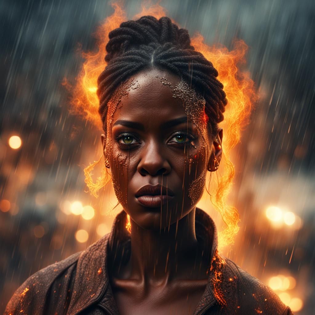 black woman with fire in her eyes standing in the rain