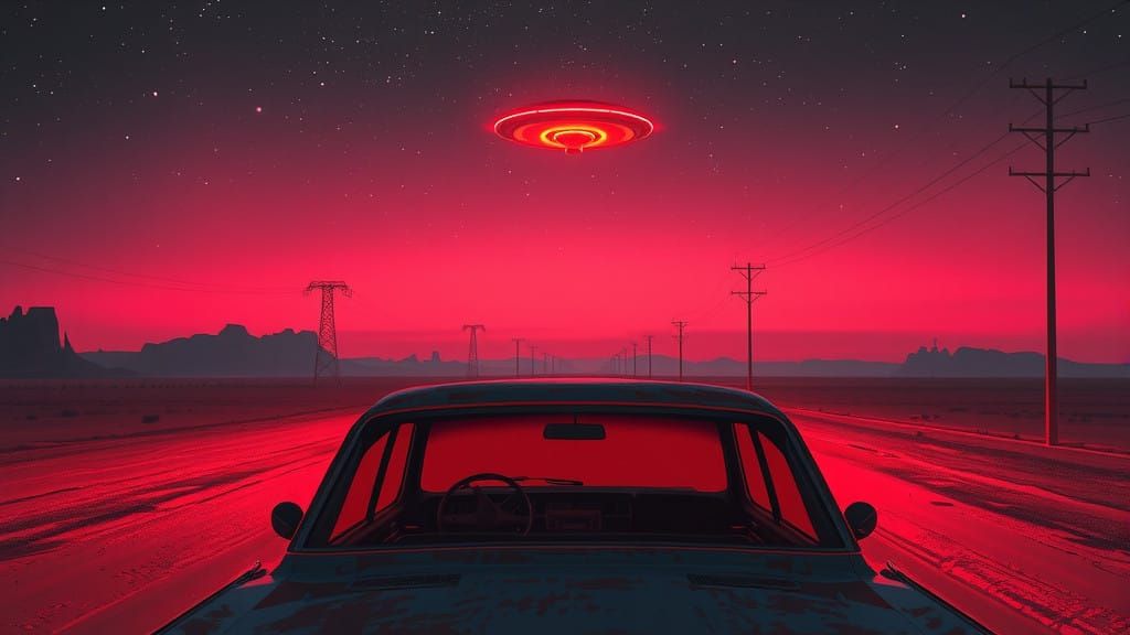 Un ovni dans le ciel nocturne vu depuis 3 d'une voiture dans un lieu desert