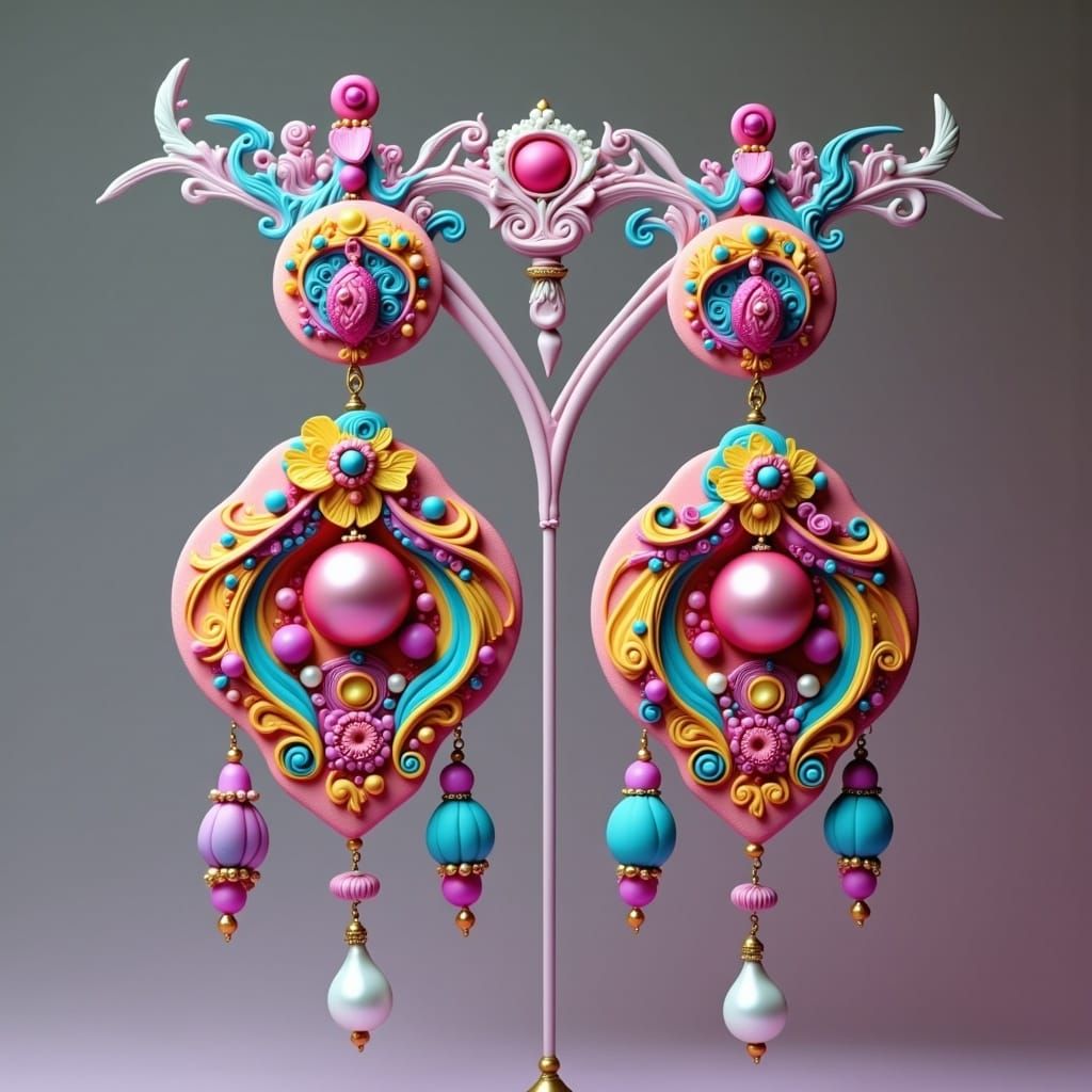 <lora:Making Jewelry:1.0> Intricately crafted polymer clay earrings adorned with vibrant, bright colored beads, luminous pearls, and sparkli...