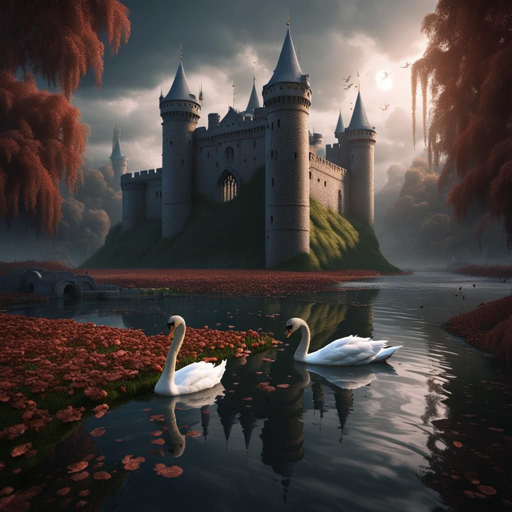 swans in the moat of a gloomy castle