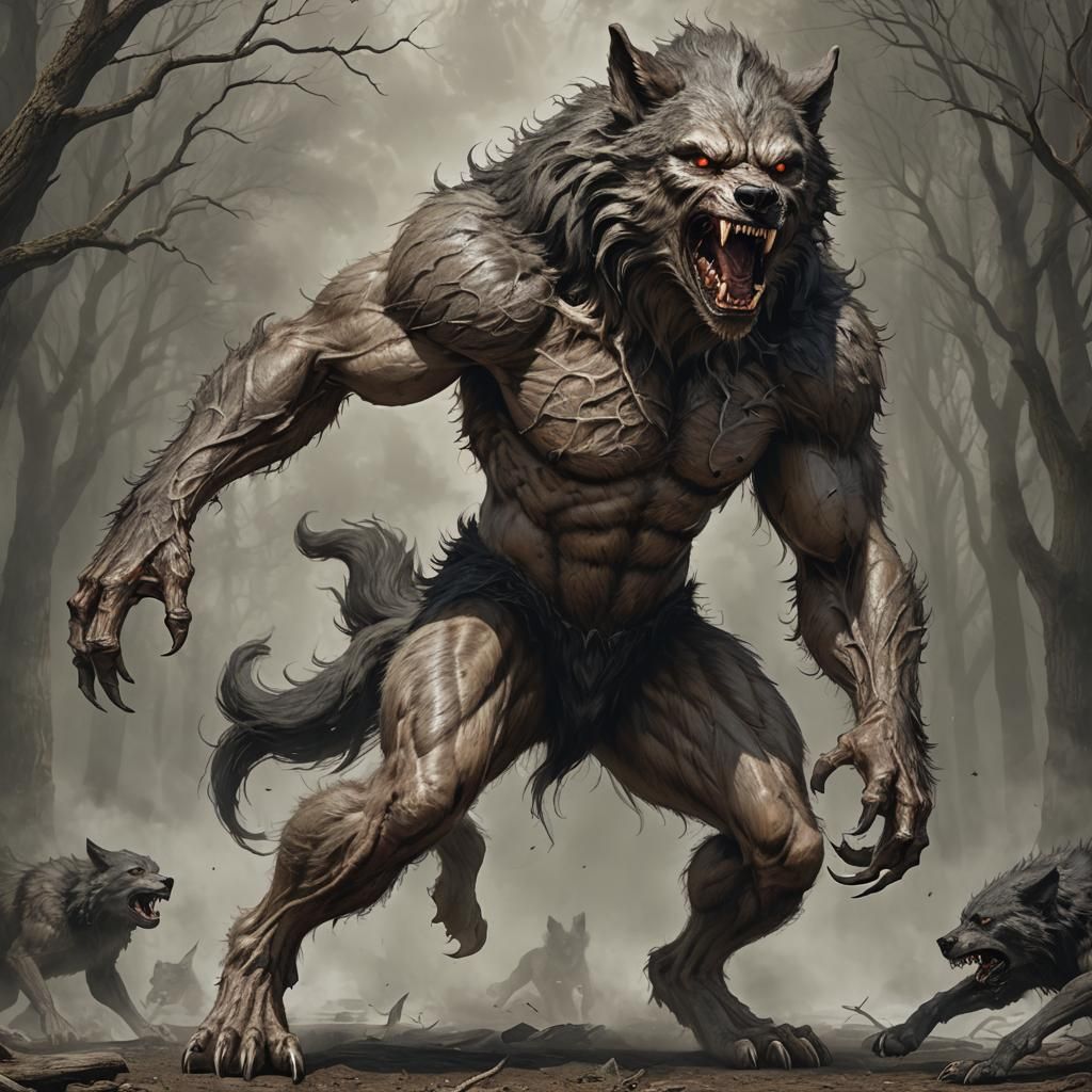 a werewolf mid-transformation, capturing the dynamic shift from human ...