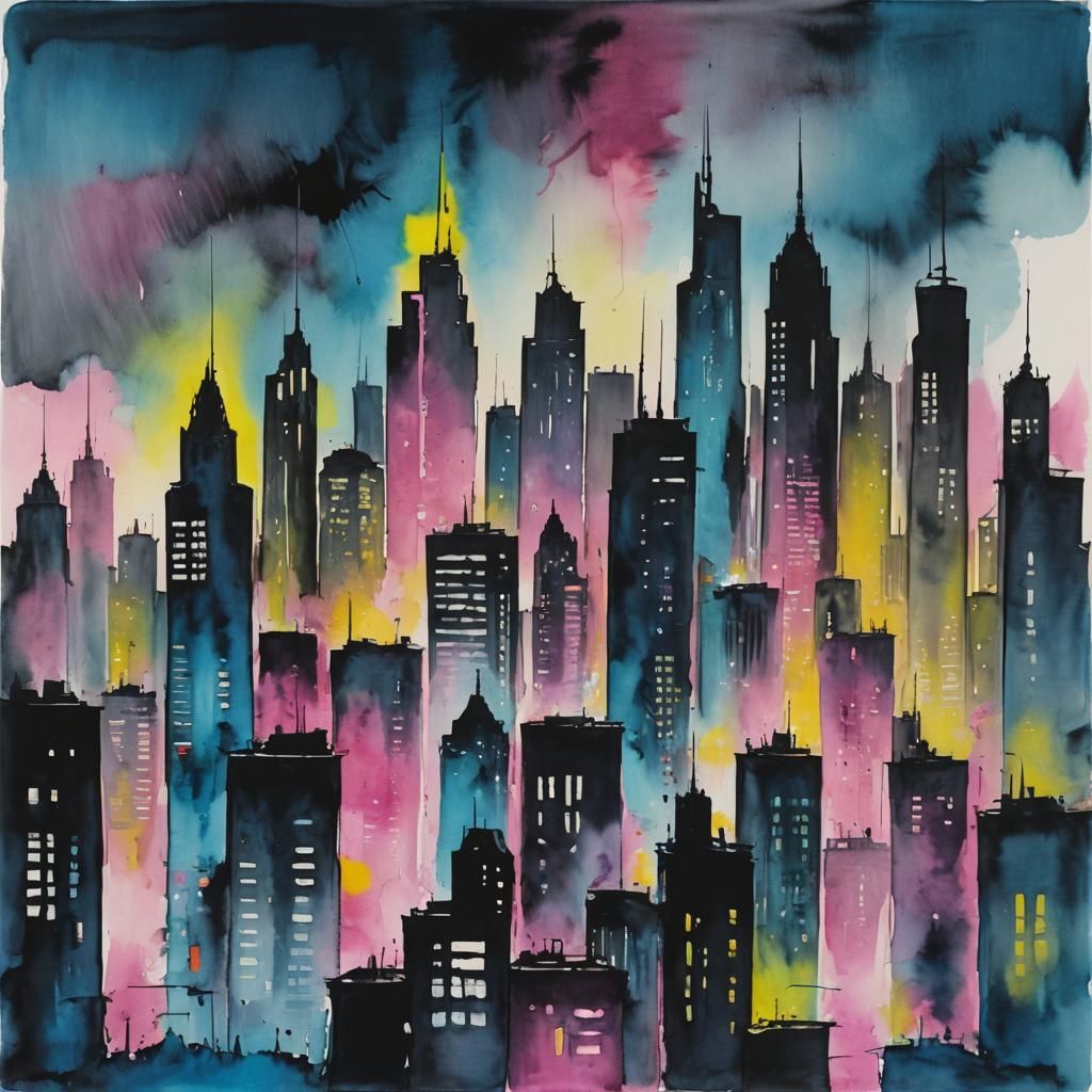 Art by Marlene Dumas, dark and moody futuristic city skyline...