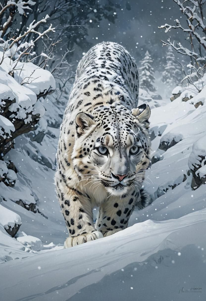 Majestic Winter Snow Leopard Demon Portrait