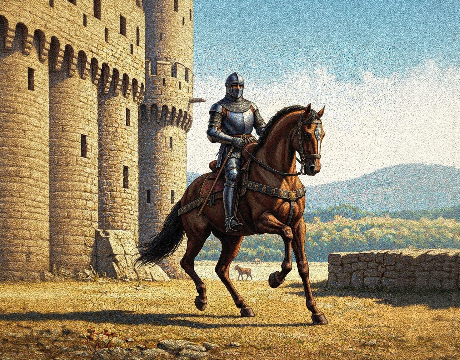 A pointilism style masterpiece of a Knight in the 1200s riding a powerful horse outside of a castle

