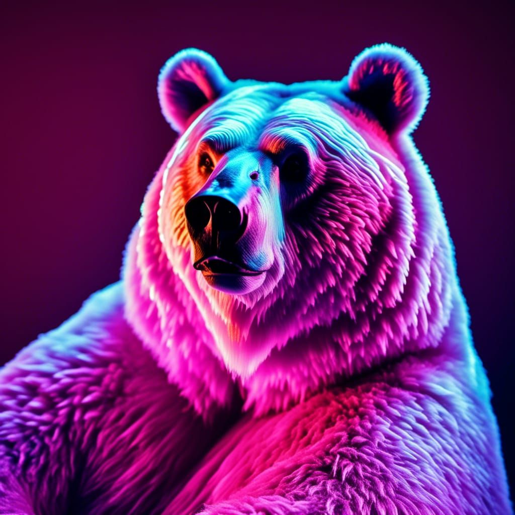Photograph Portrait: Living Bioluminescent Fuzzy Obese Bear with UV Blacklight fur <lora:FlamBear:1.0>