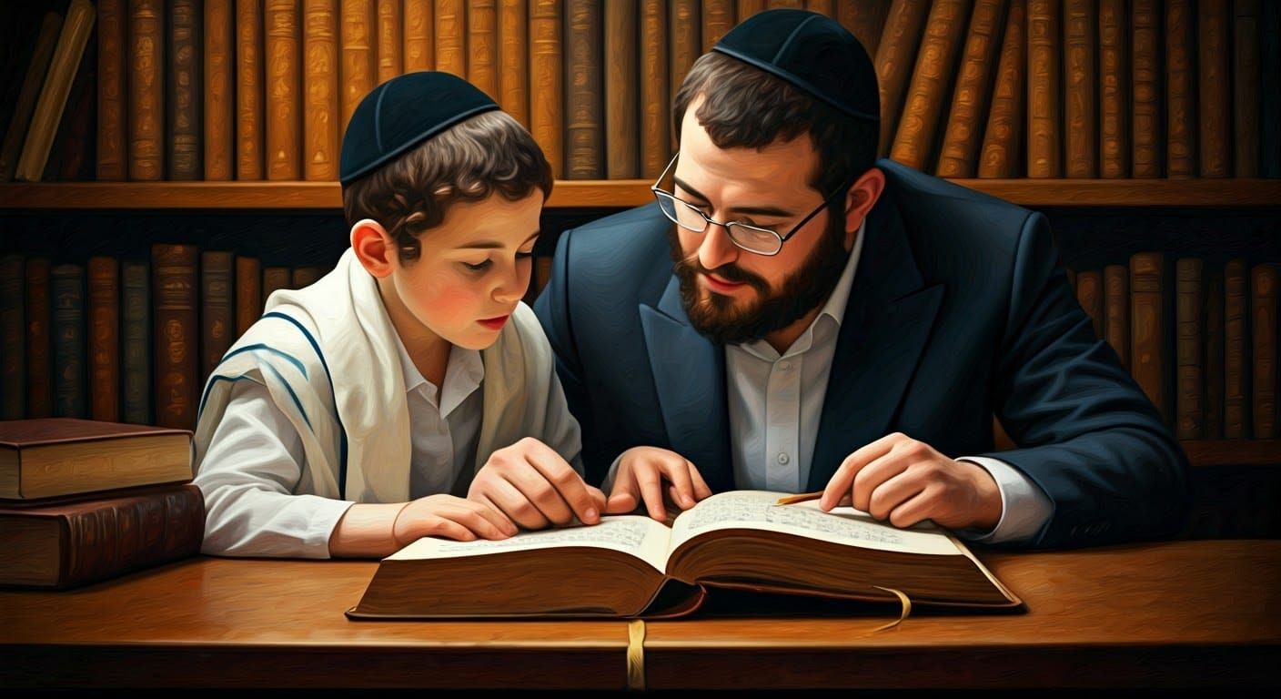 Devout Father and Son Studying Talmud as Vivid Painting