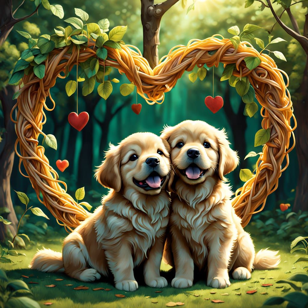 Puppy Love – A pair of fluffy golden retriever puppies sitting under a heart-shaped tree, sharing a giant ...  by @Caroline