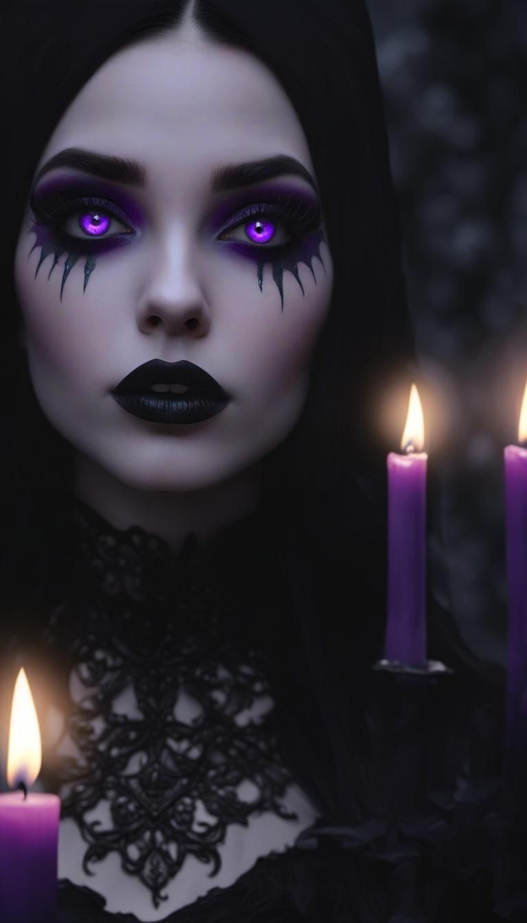 Beautiful gothic witch with black hair and purple eyes with black ...