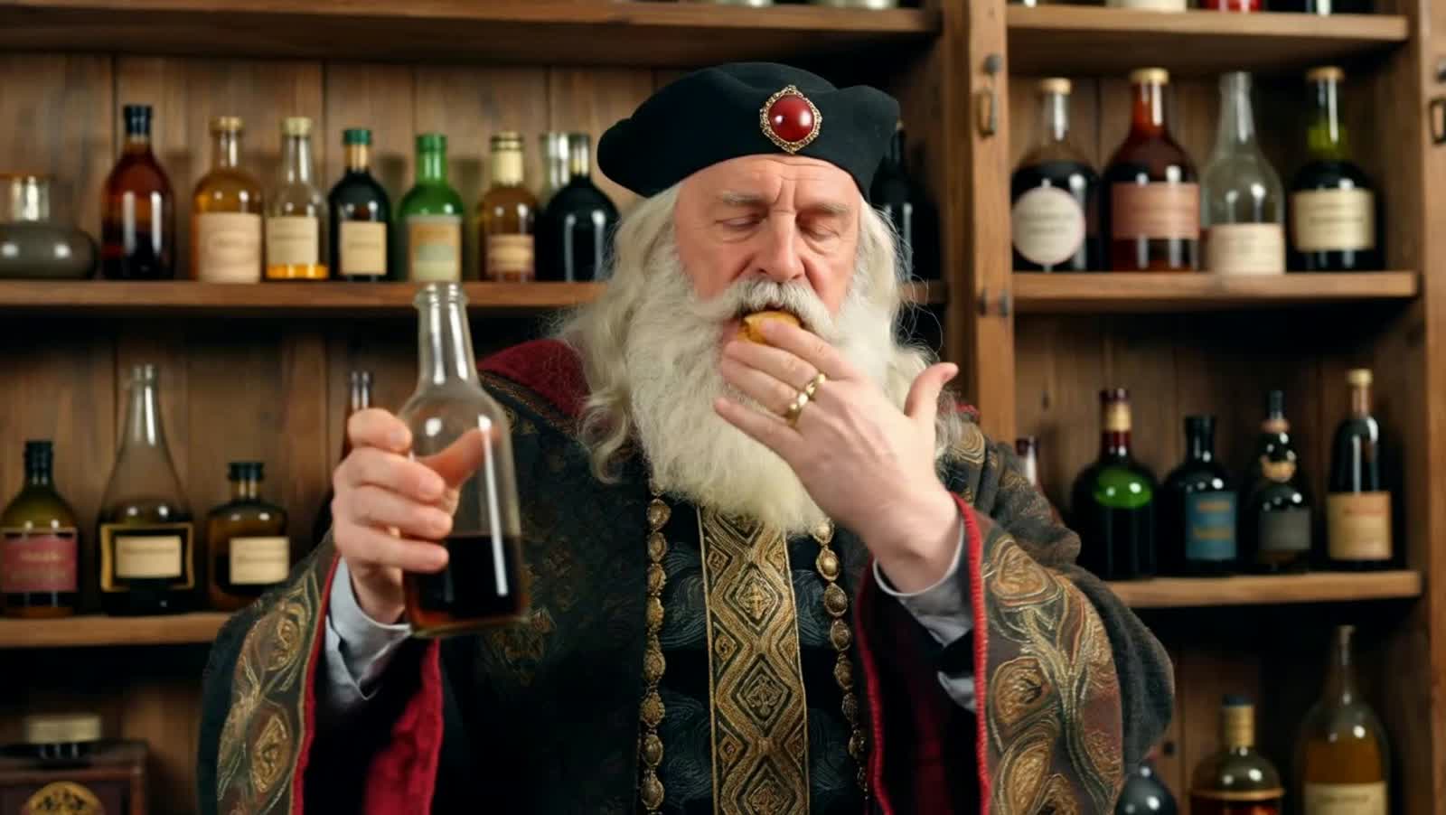 a wizard making a spell while drinking his potion by mistake