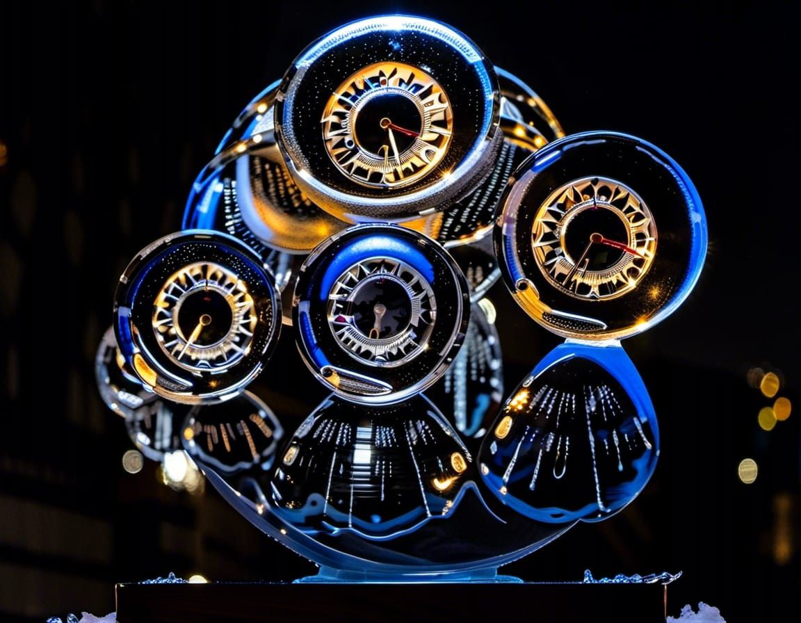 Sunlight creates sparkles when it hits the Japanize style Ice sculptures of sheer transparent Iced planets made of ice water, An Ice and sno...