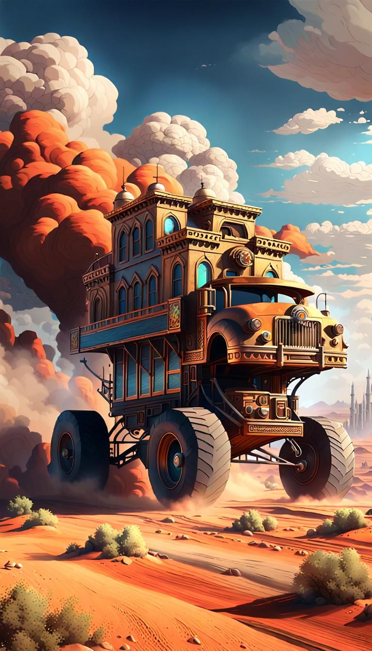 A huge and vibrant city with strrets and houses the whole city on wheels, racing across a desert landscape, sending huge...