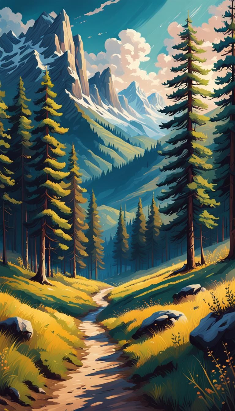 Sunlit Mountain Path: An Oil Painting Landscape