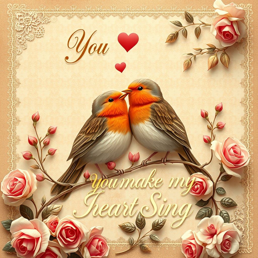 A vintage-inspired Valentine’s Day card adorned with delicate lace trim, soft rose-patterned background, ...  by @Curius Aplha