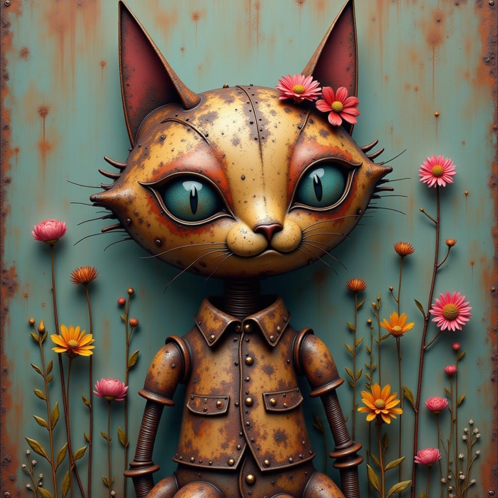 <lora:RustyMetalSurrealism:1.0> oil on canvas, rusty metal cat, intricately detailed, muted colors with vivid accents, style of nicoletta ce...