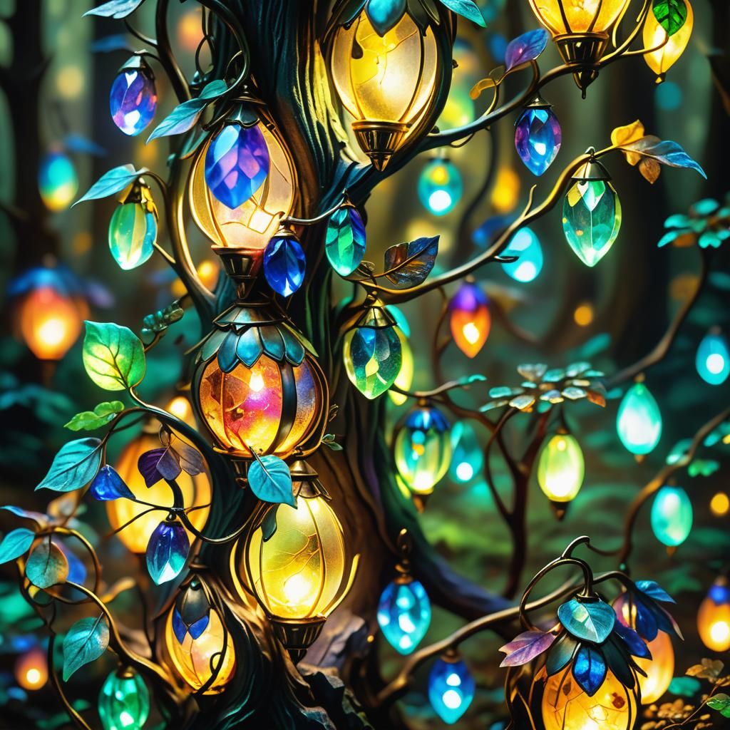 Vibrant fantasy art. Close-up. A colorful lamp with glowing bioluminescent gemstones shining light in ...  by @LilacVenom