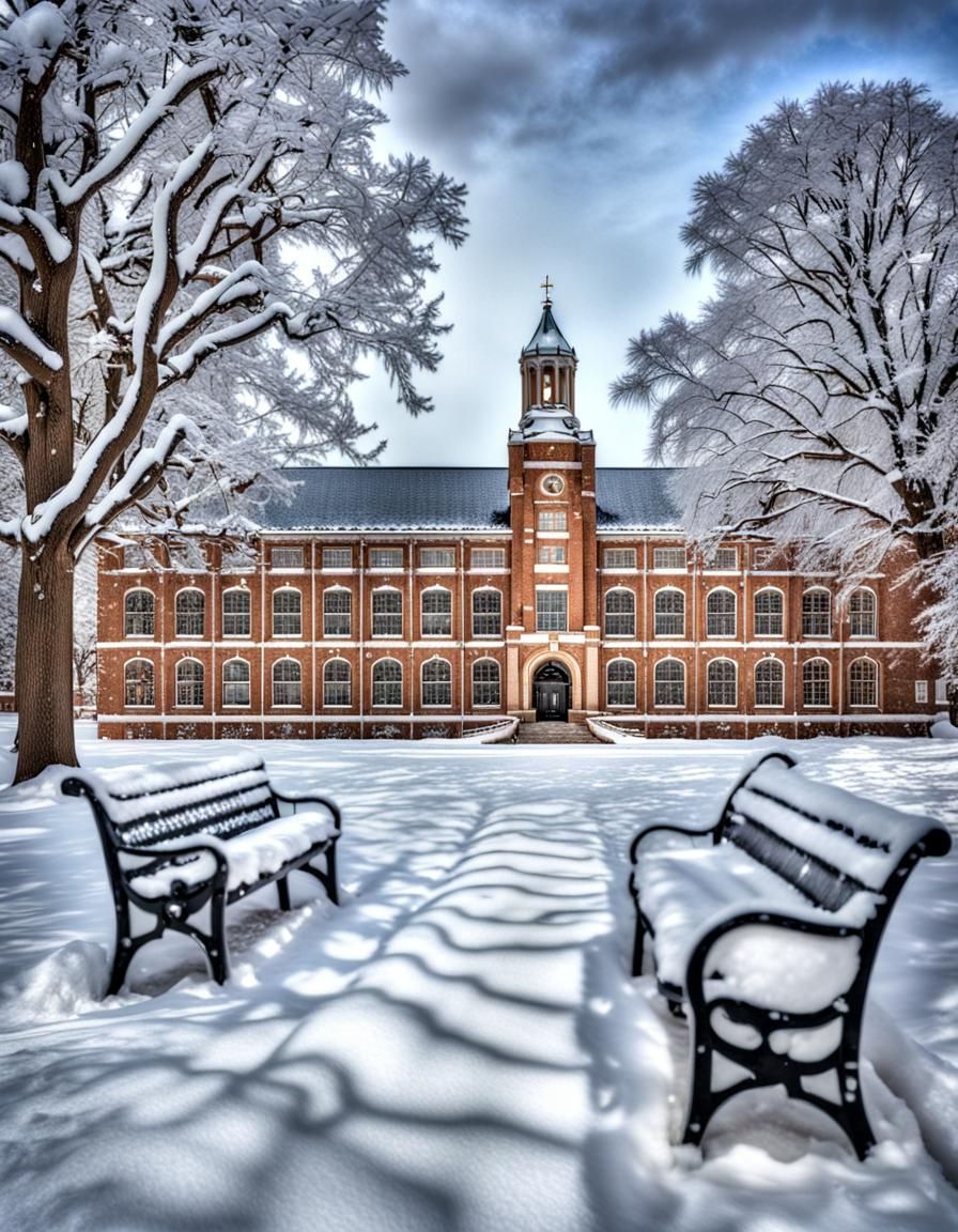 A college campus in the snow with intricate details, HDR, beautifully shot, hyperrealistic, sharp focus, 64 megapixels, perfect composition,...