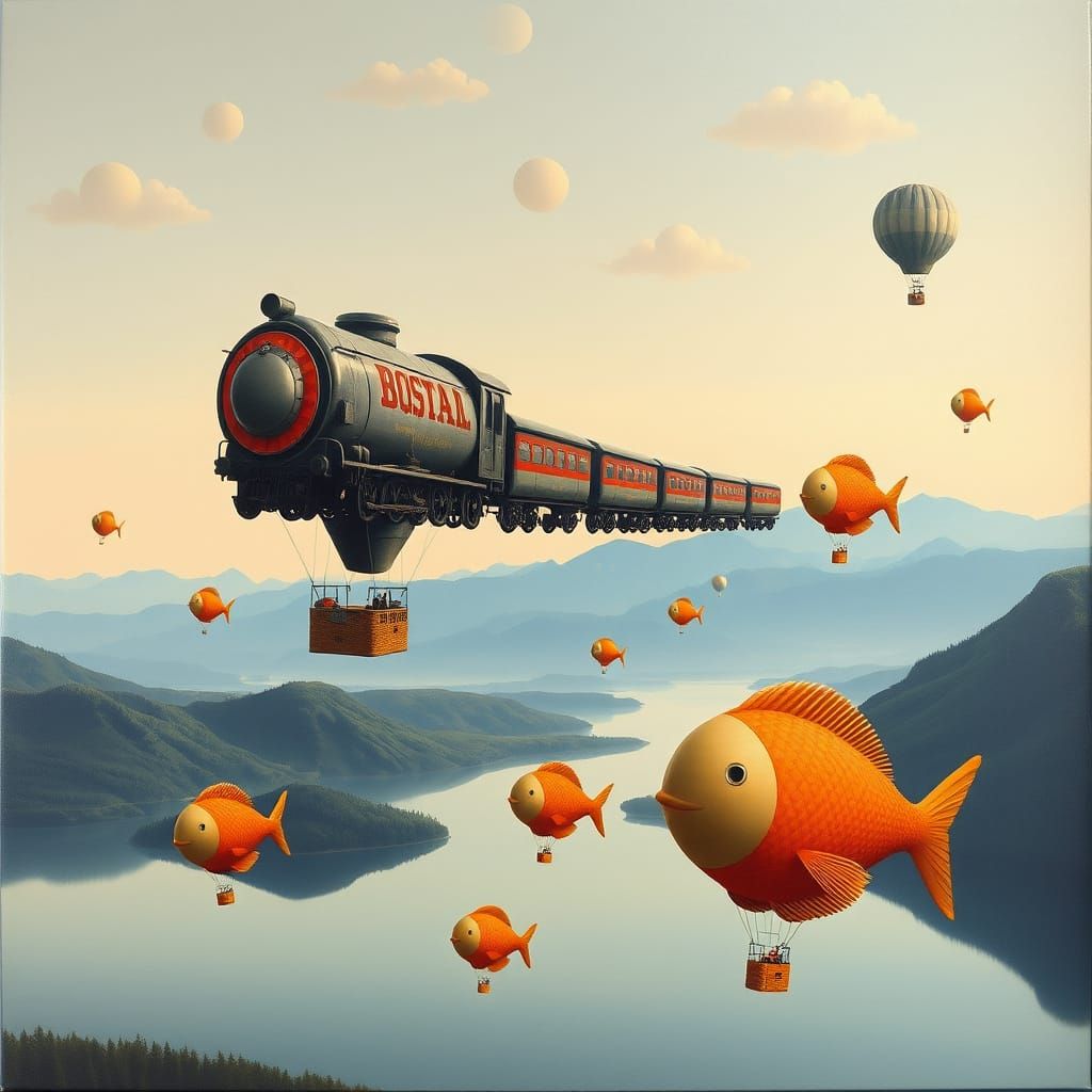 Giant hot air balloon in the shape of a train in the sky wit...