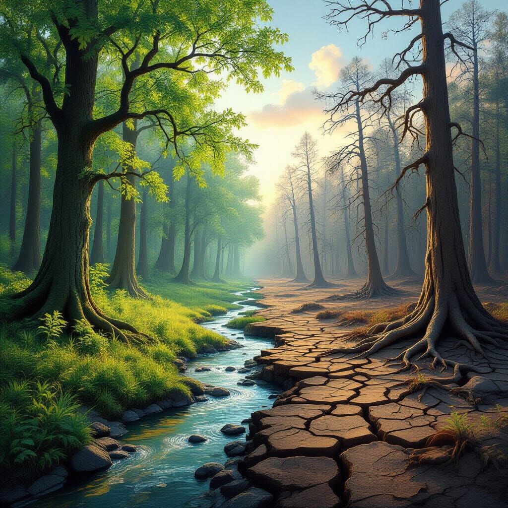 A split image depicting an ancient forest. 