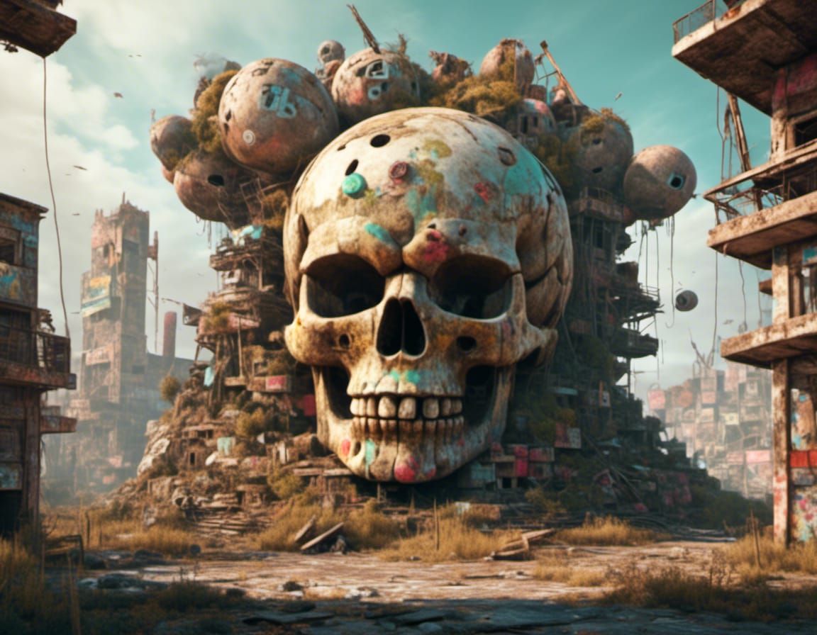 Insanely detailed abandoned skull monument in desertified abandoned city, dystopian post apocalypse world, <lora:Dystopian:1.0><lora:Jonatha...