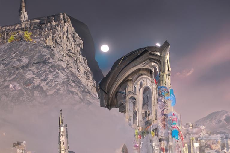 Moon lit Other World Futureistic Gothic Cityscape, Hovering ...