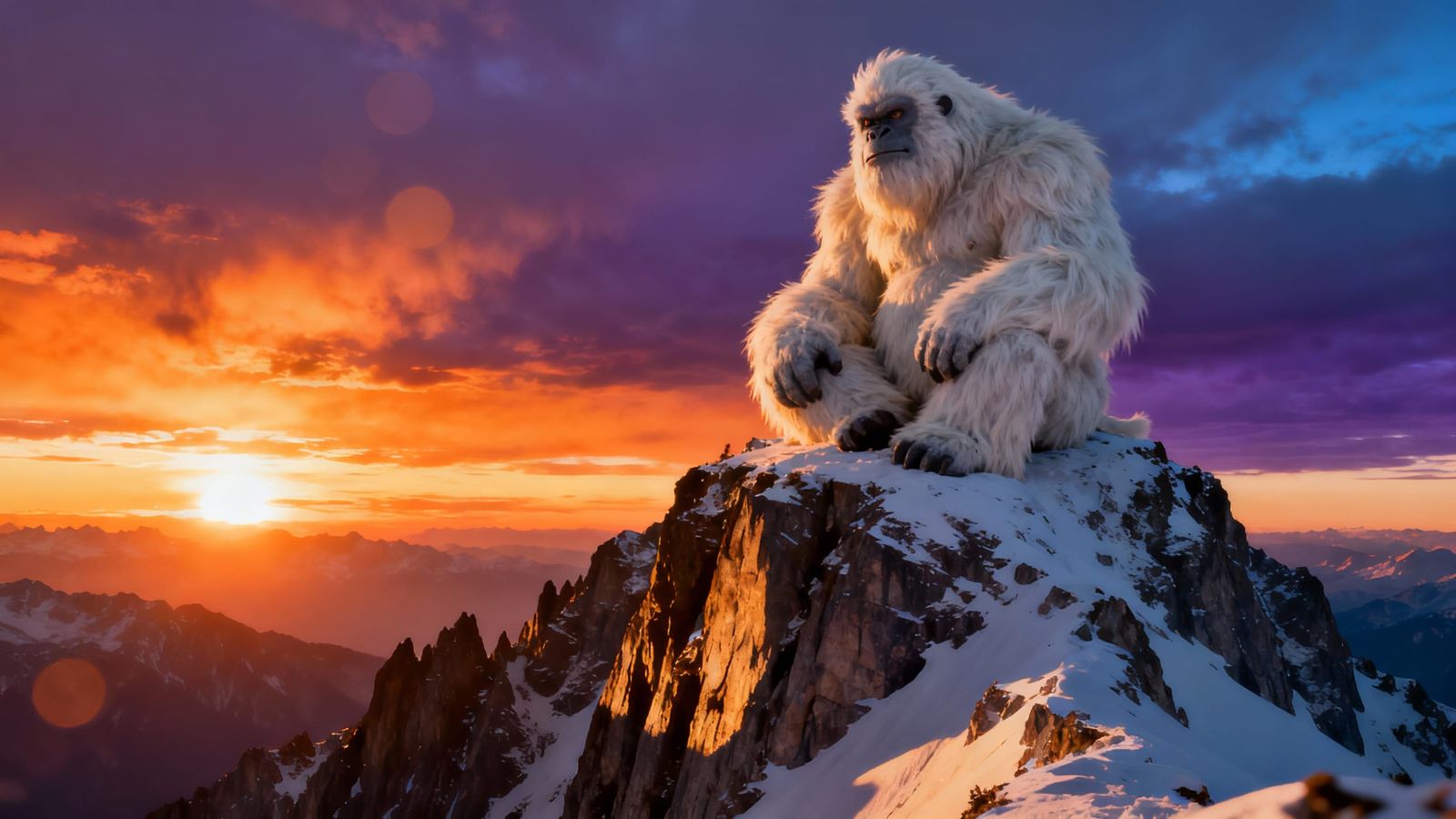 A hyper-realistic, 8K cinematic video of a massive yeti sitting peacefully on a snowy mountain peak in the Alps. The cam...