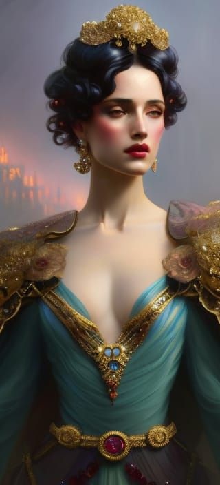 Lady covered in sapphires and rubies, long curls, Rococo, ga...