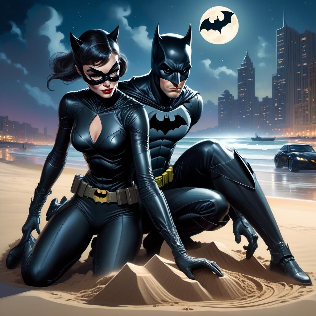 Catwoman and Batman, vacation at the beach  by @Wolfie
