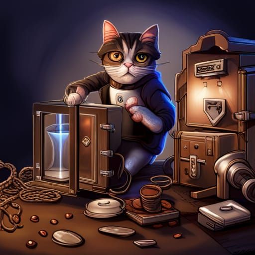 Cat tries to break safe full of coffee. He tries very hard. ...