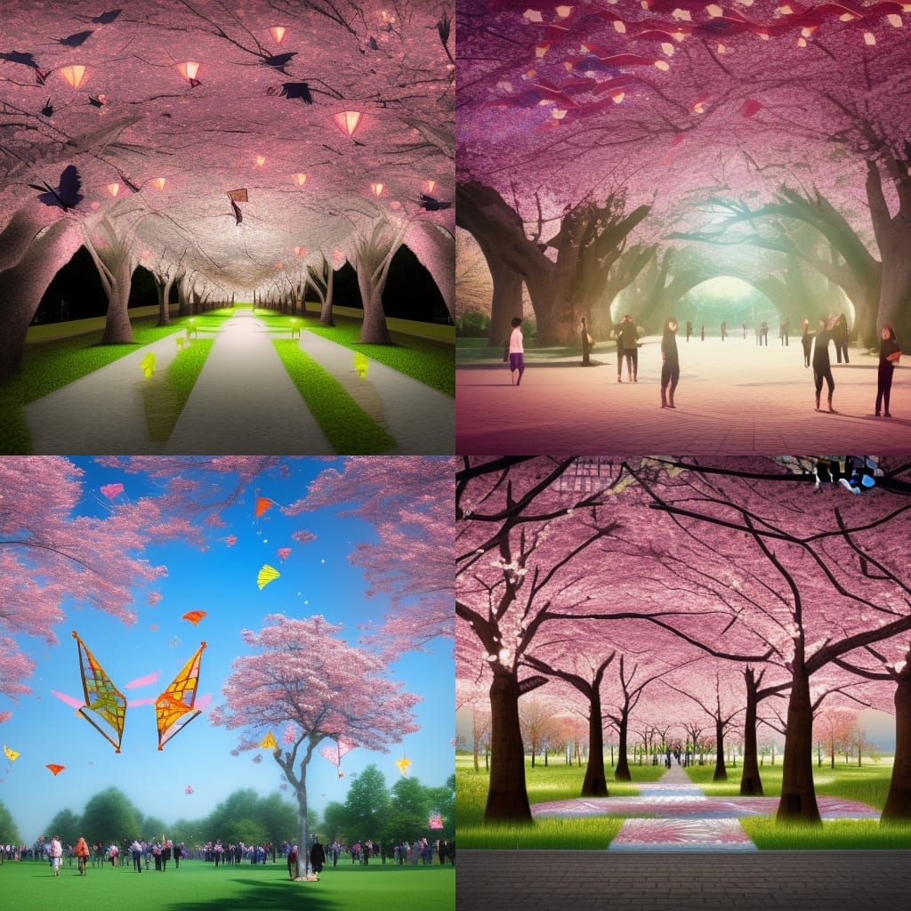 Hyperrealistic Cherry Blossom Park with Kites