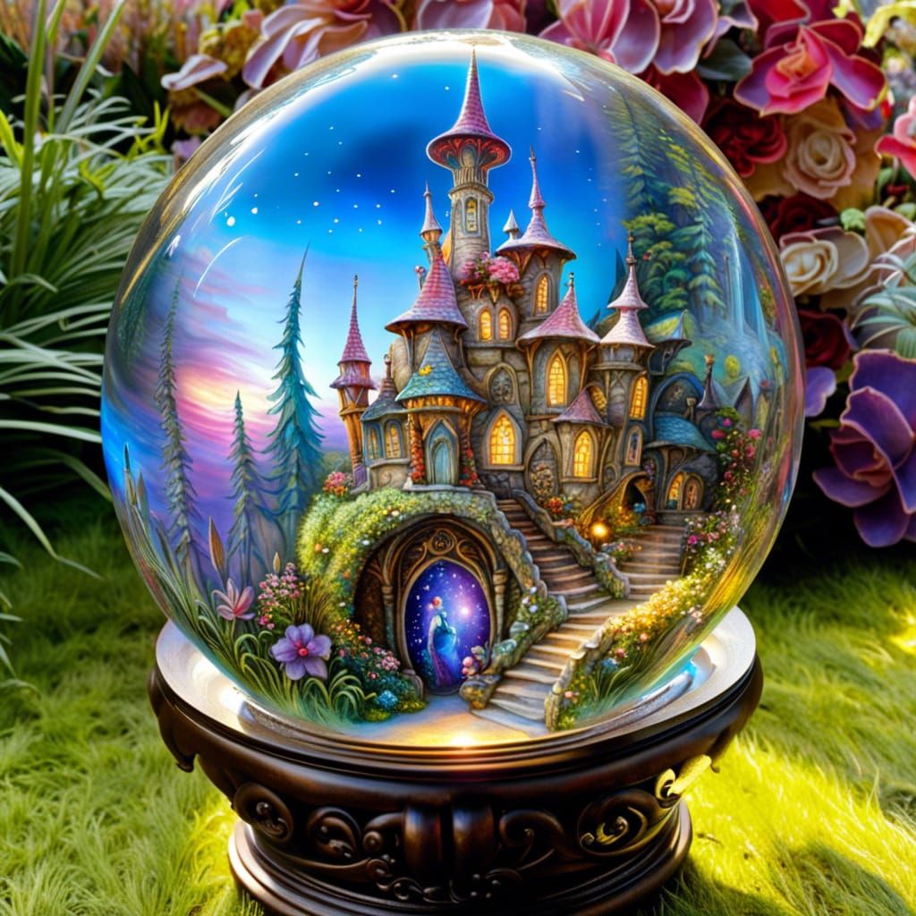 Whimsical beautiful fairy castle inside of a glass sphere  by @Chrysantheme
