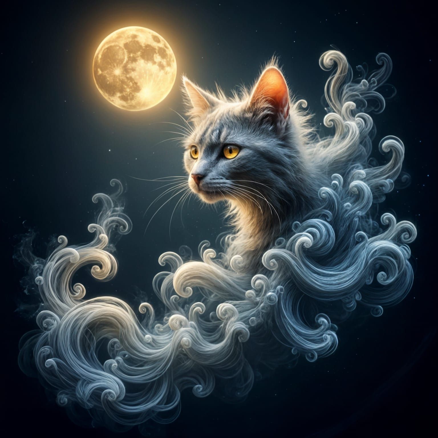 <lora:Ethereal Magic Flux:1.0> Against a moonlit night sky, an ethereal cat portrait in three quarter view, his bright gold eyes looking out