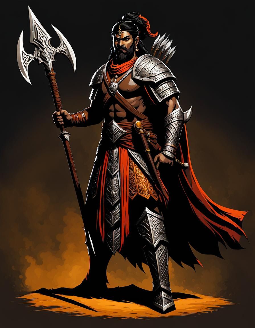 A regal dangerous full body shot of an Indian hindu hero with a halberd in lord of the rings warhammer ...  by @Charlequin
