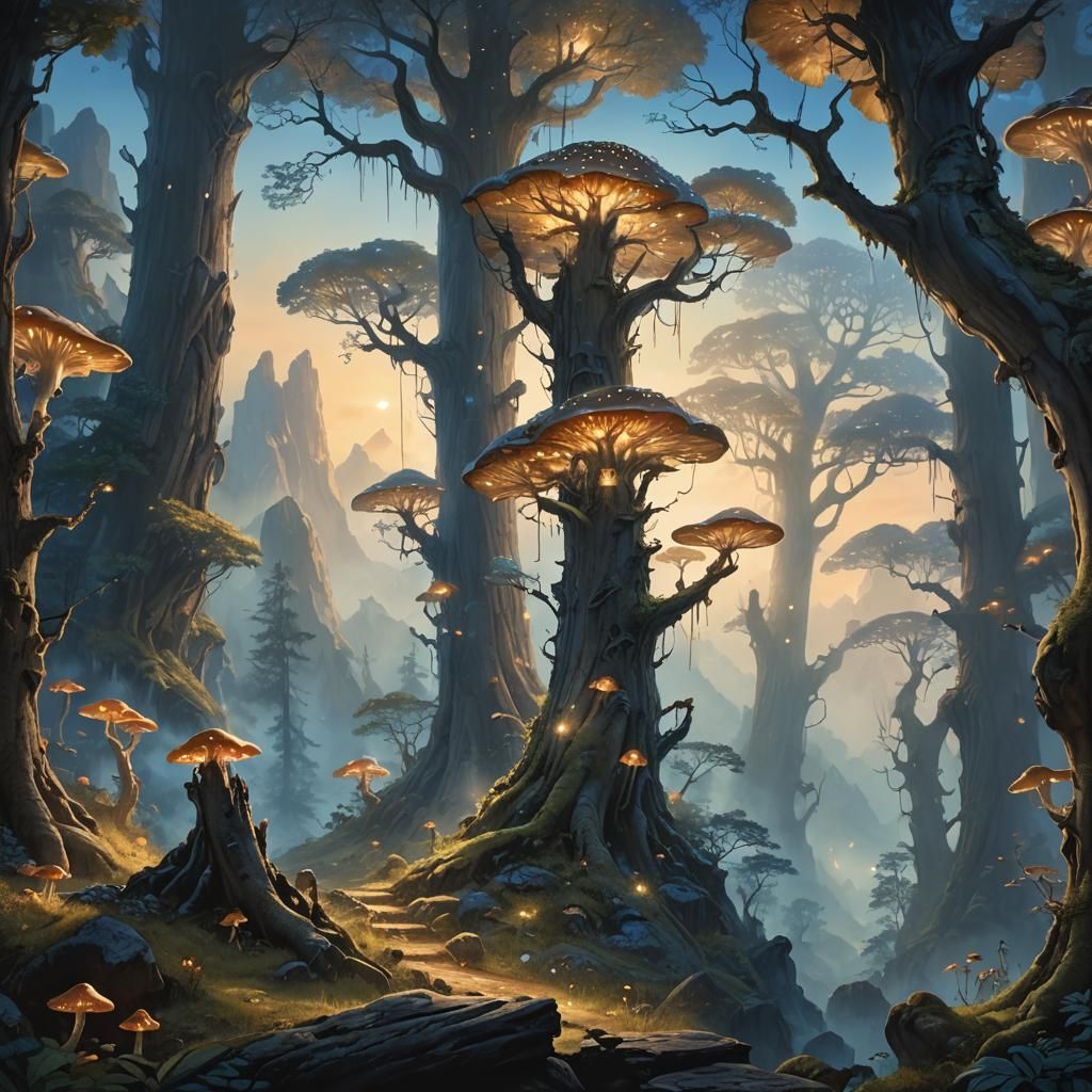 Mystical Mountain Base with Glowing Mushrooms