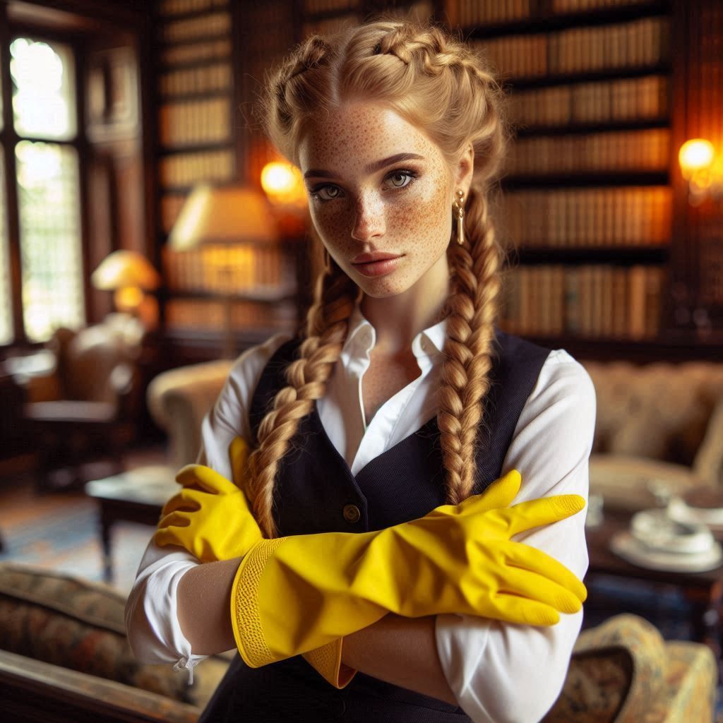 A freckled female Swiss butler with braids in the library of...