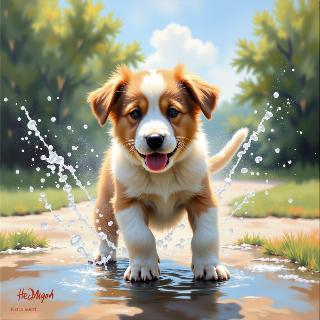 <lora:Happy Brush:1.0> a happy brush painting of a puppy playing in a fire hydrant spray.