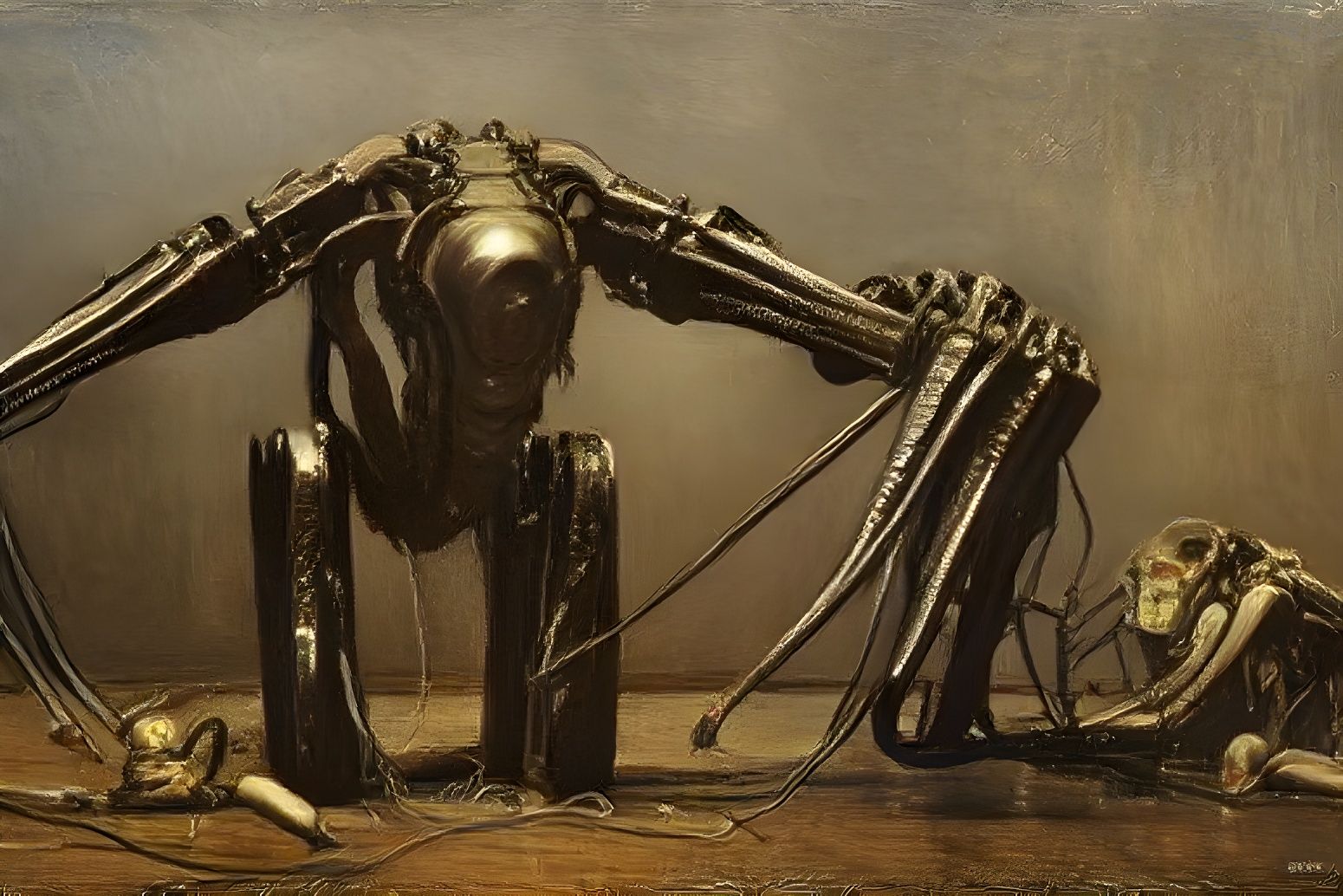 A Cthulhu robot, made of electrical wires and wet bones. (Ib)