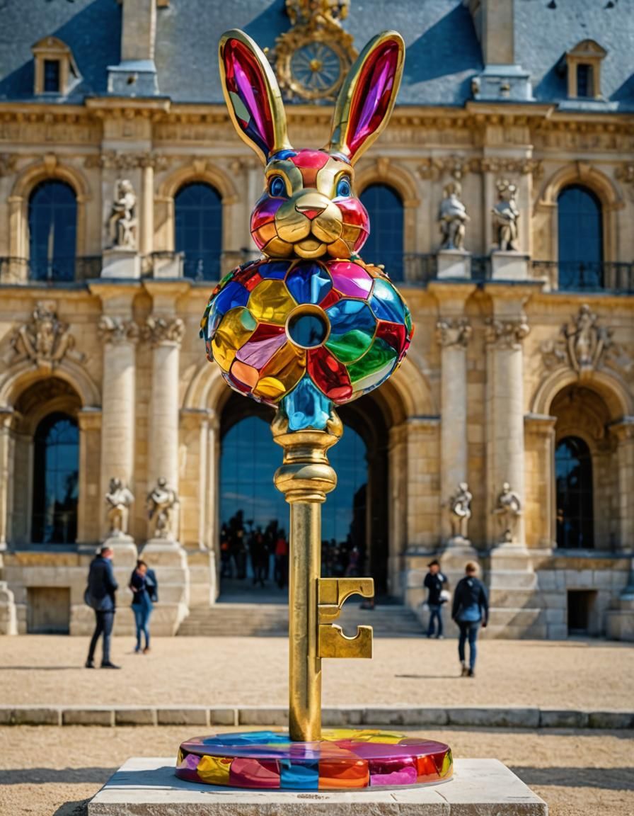 Muticolor Sculpture of a giant Key like rabbit sculptures of the artist Jeff Koons at the Castel of Versailles ...  by @undefined