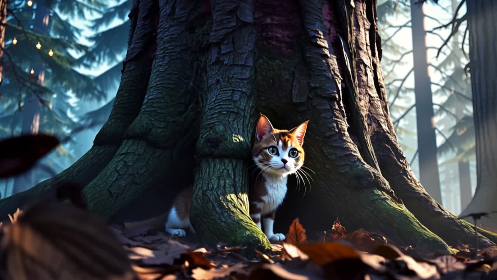A frightened cat hiding behind a large tree in a dark, mysterious forest. The cat has wide, scared eyes and is peeking c...