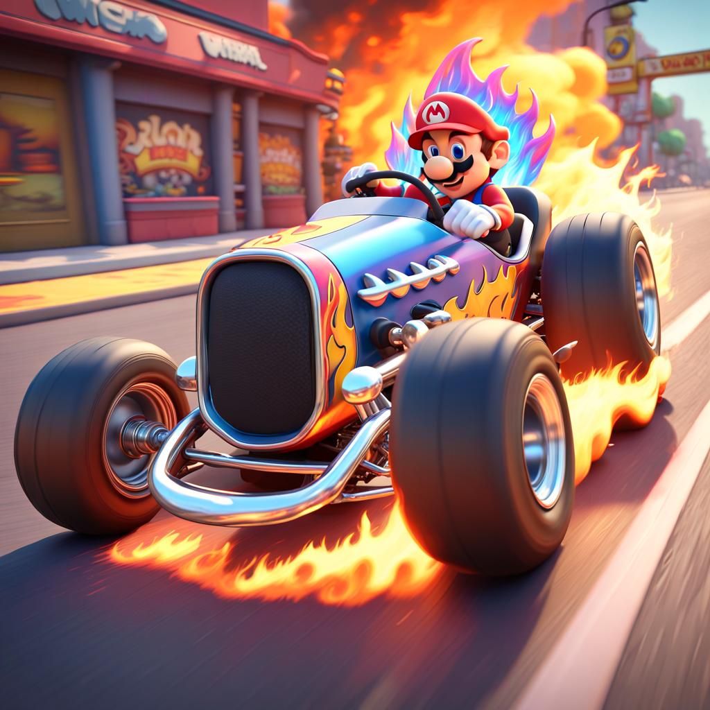 Mario kart hot rod ,hot rod doing wheelie and flames left on road from