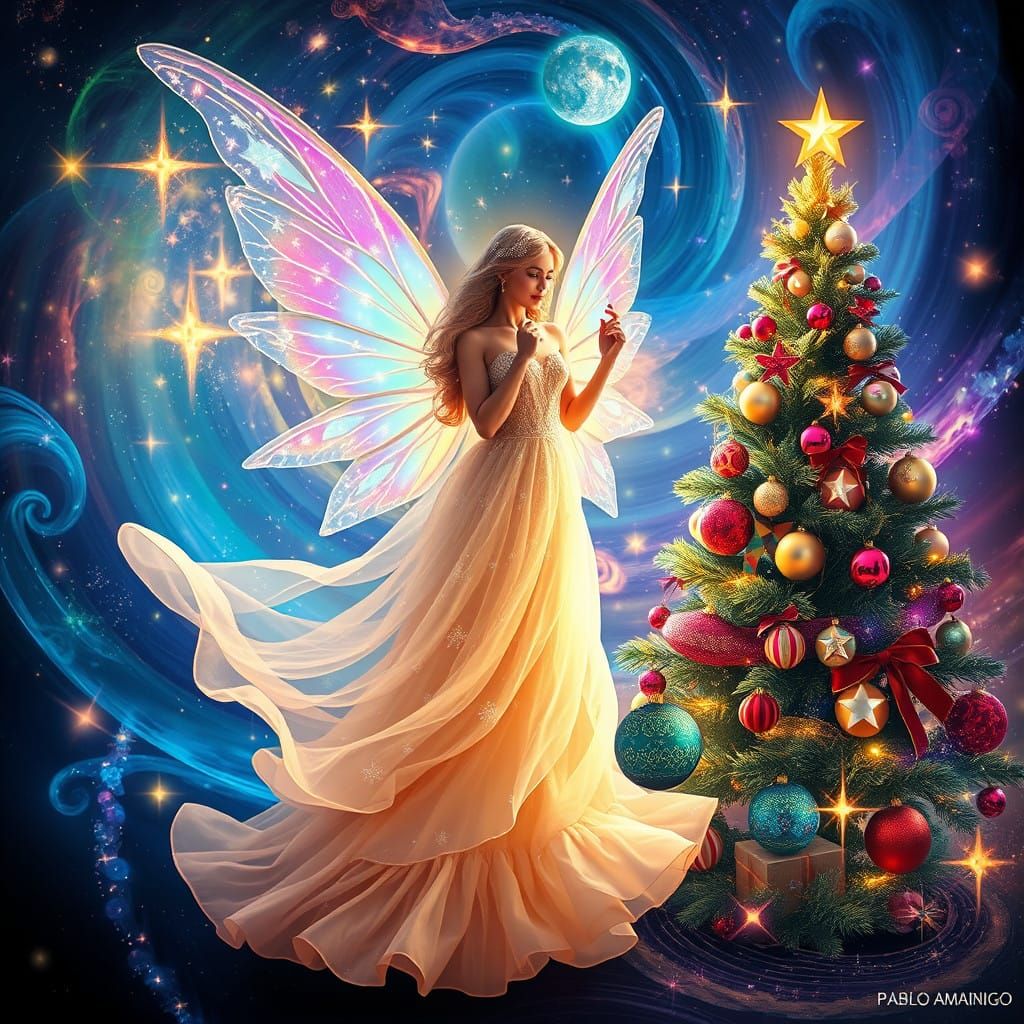 Majestic Christmas Fairy in Vibrant Holographic Style