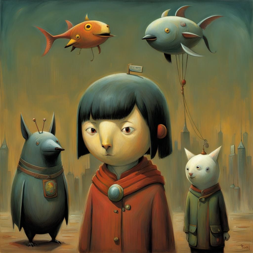 Chibi character in fine detail by Shaun Tan Hieronymus Bosch,  adorable and dark, 