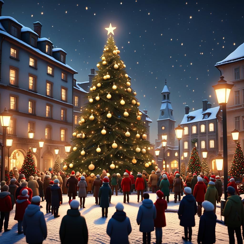 Christmas Carolers Gather in a Warmly Lit Village