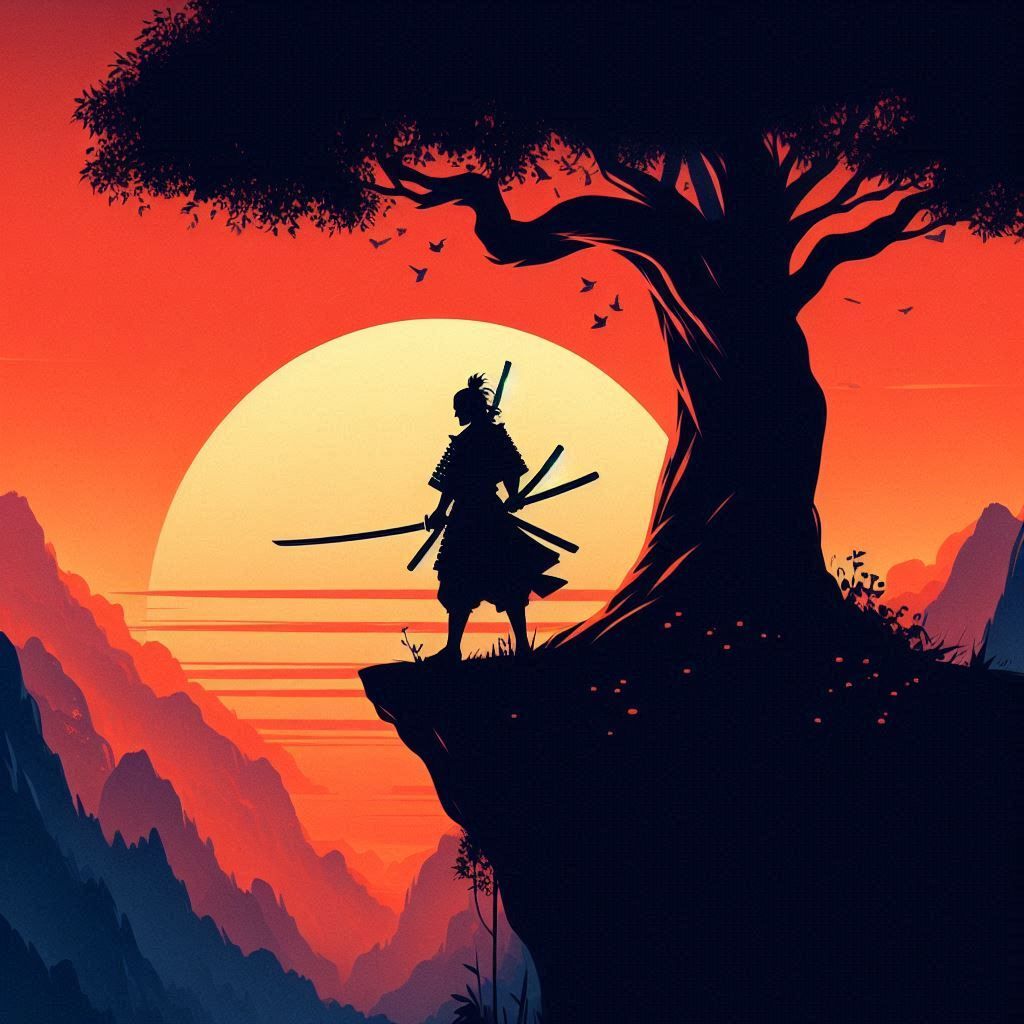Silhouette samurai and sunset