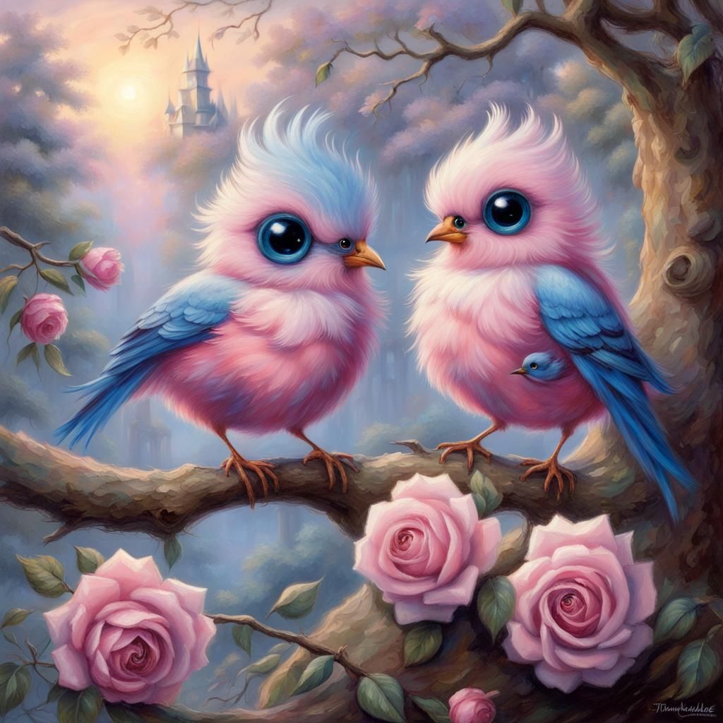 2 cute pink, fluffy birds with big eyes, a blue scarf and a ...
