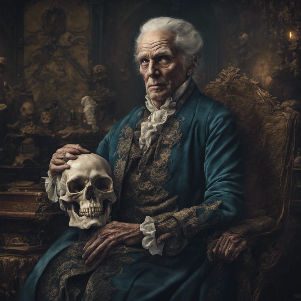 a scary elderly man  in 18th century clothing who looks like...