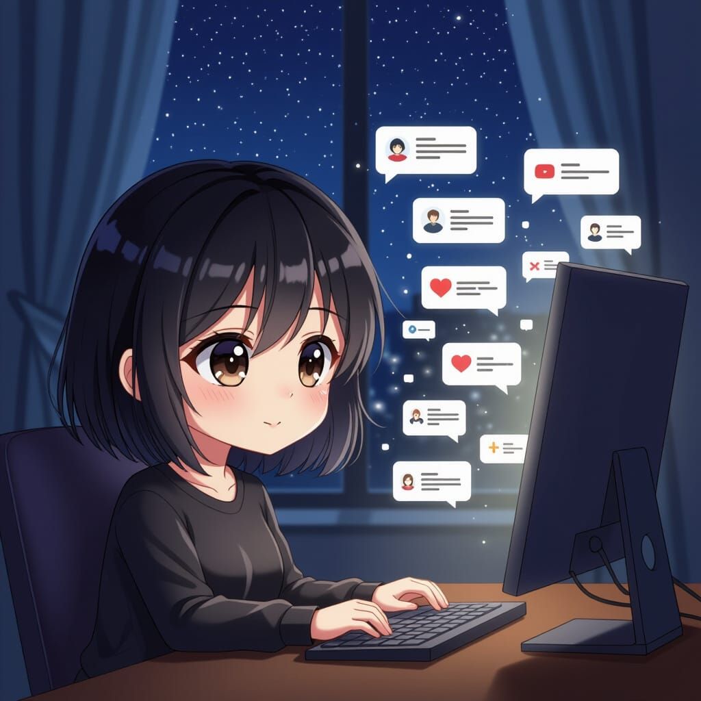 Anime Chibi Woman at Computer at Night