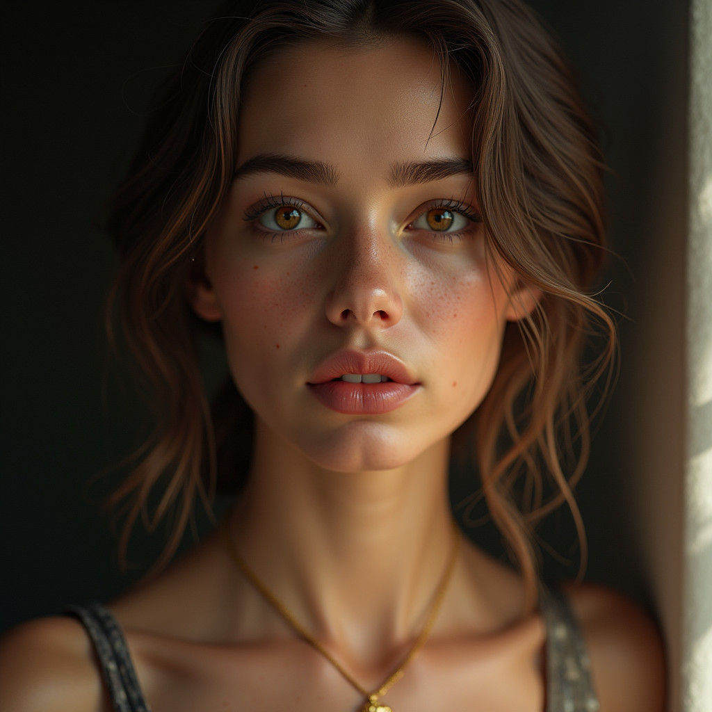 A realistic portrait of a woman with natural lighting, focusing on her unique features and authentic ...  by @Fausto Santos
