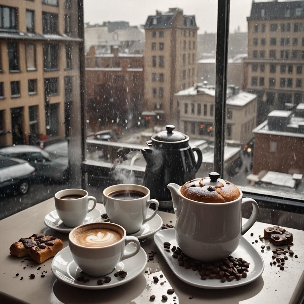 a steaming coffee pot, a cup of coffee with sugar cubes, a c...
